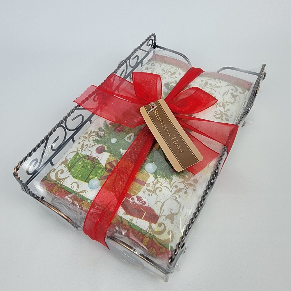 Holiday Home Tea Party Christmas Tree Paper Napkins & Metal Napkin Holder Caddy.